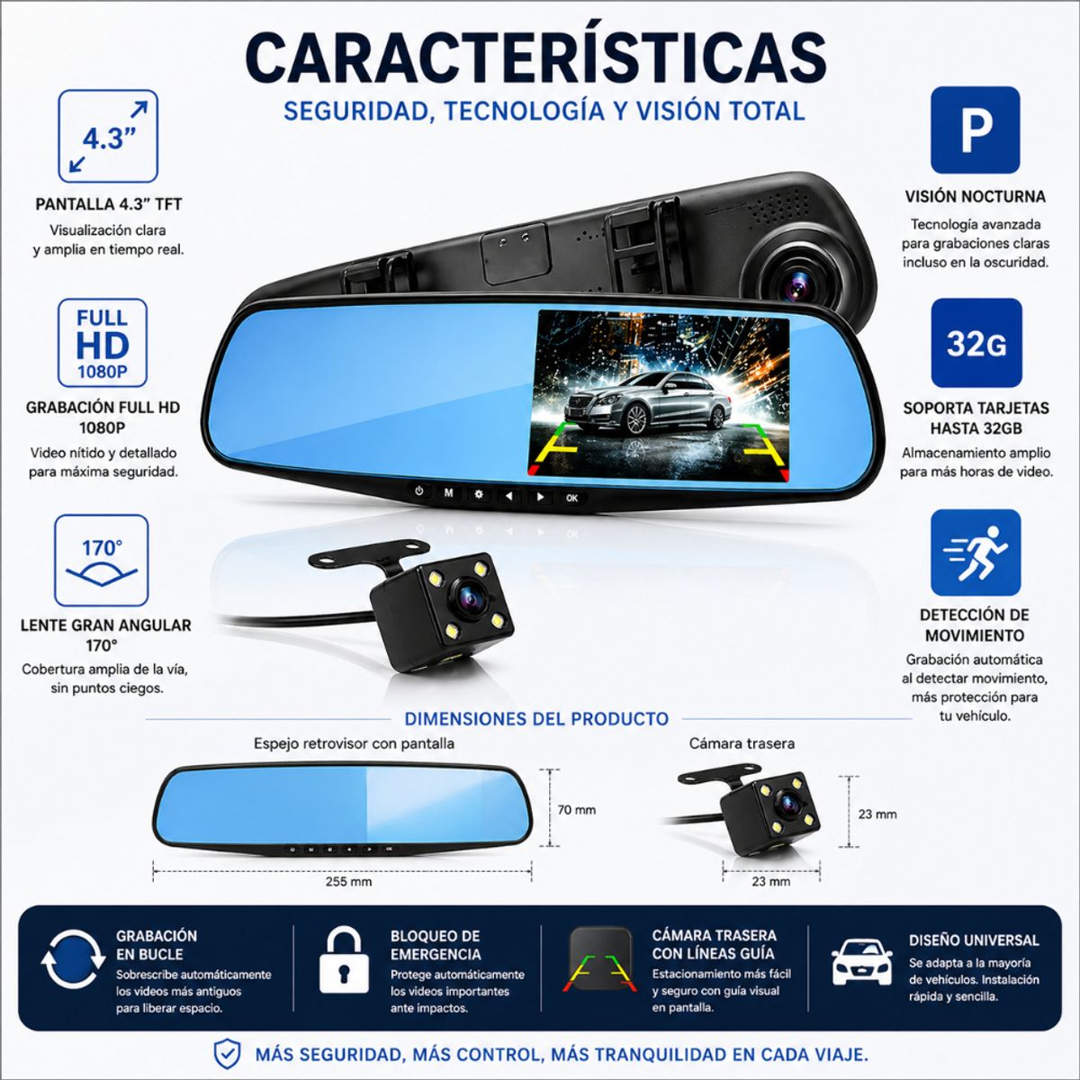 Espejo Retrovisor con Cámara Frontal y Cámara de Retroceso HD Cuadrada, marca TASBEL - Foto 2