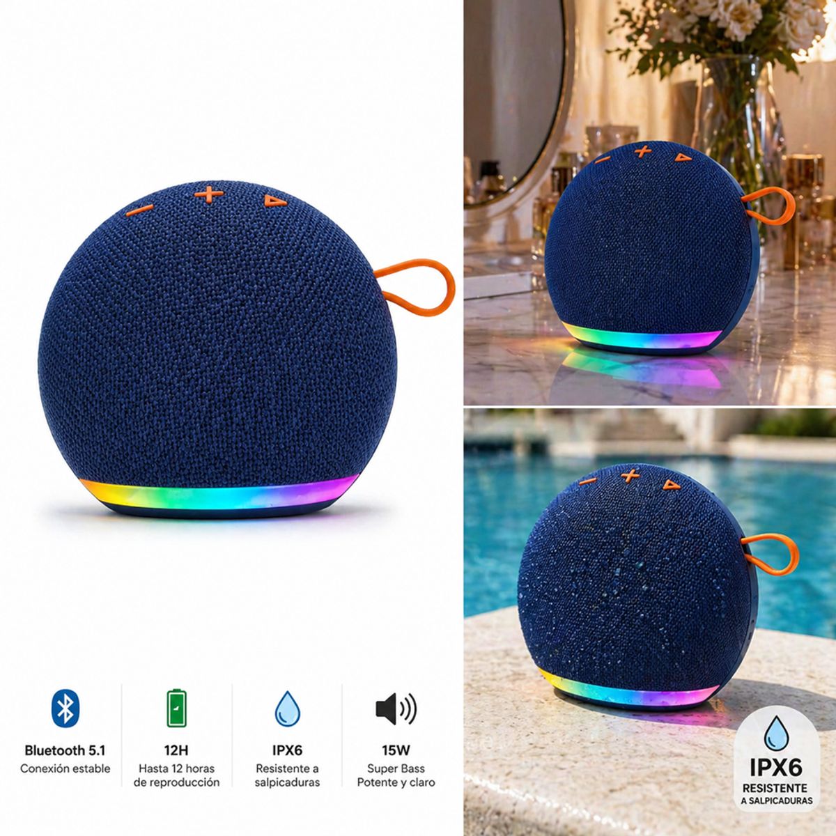 GENERICO - Parlante Bluetooth AIX Inalámbrico 15W Azul con Luz LED y Resistencia IPX6