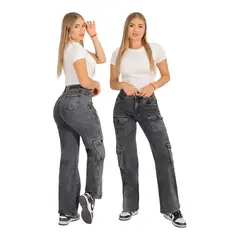 MC PRINS - Jeans Mujer Palazzo Cargo Tiro Alto Elasticado