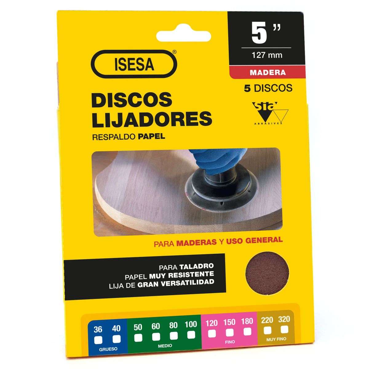 GENERICO - Pack 5 Discos de Lija 5 Grano 120 Madera y Vidrio Buje 5 mm Siapan 3708
