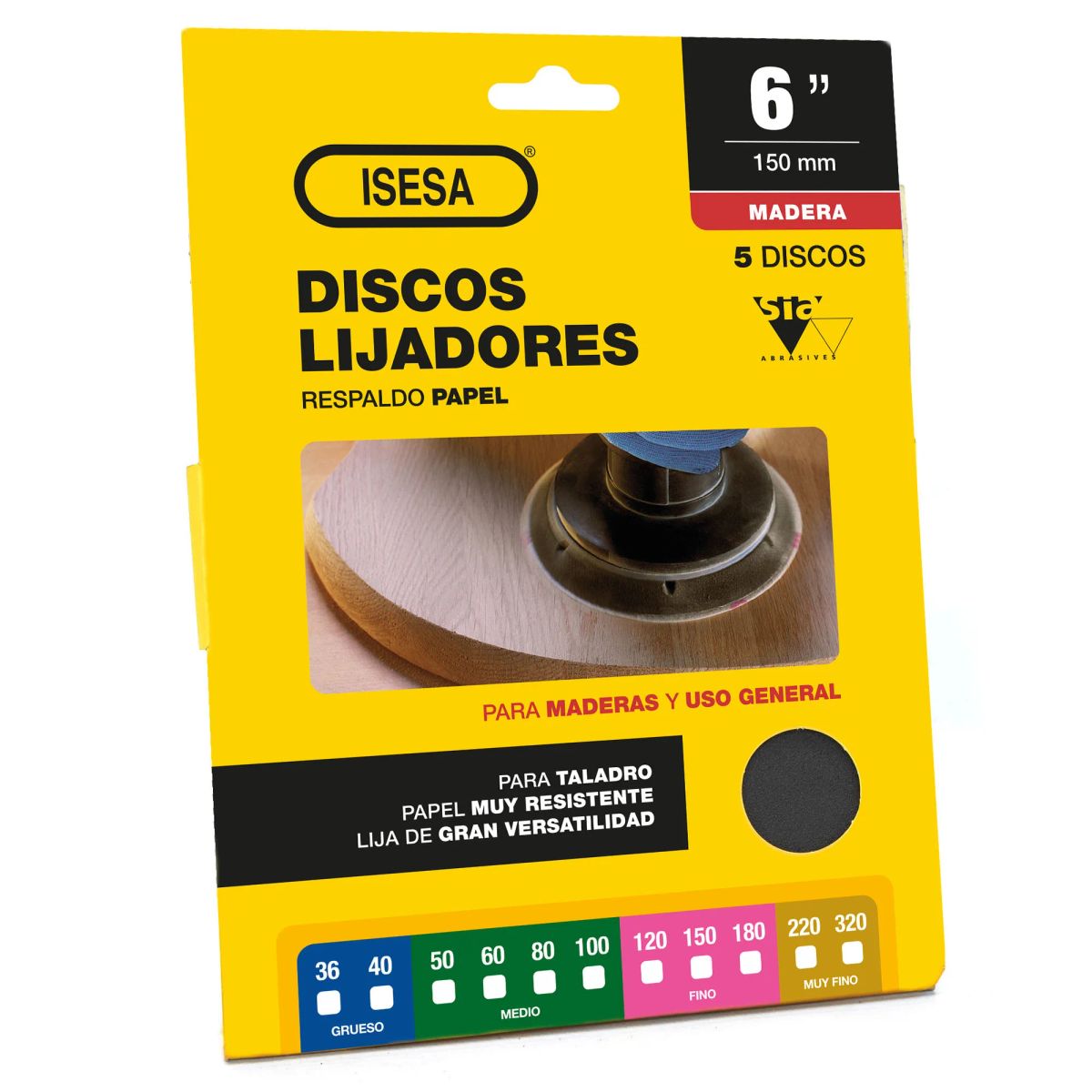 GENERICO - Pack 5 Discos de Lija 6 Grano 150 Madera y Vidrio Buje 5 mm Siapan 3708