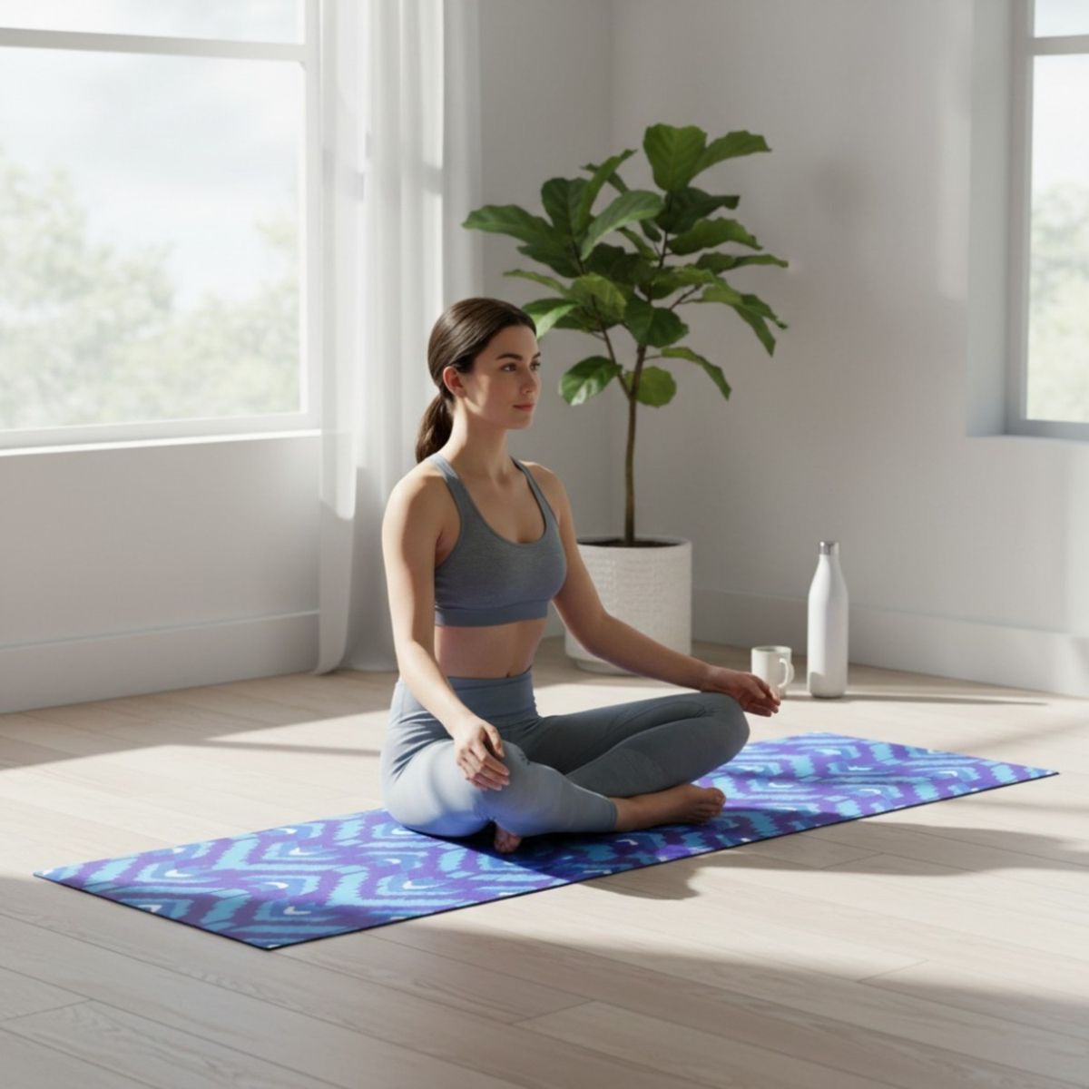 PWRFITNESS - Mat de Yoga Antideslizante Diseño Geométrico Azul Acolchado