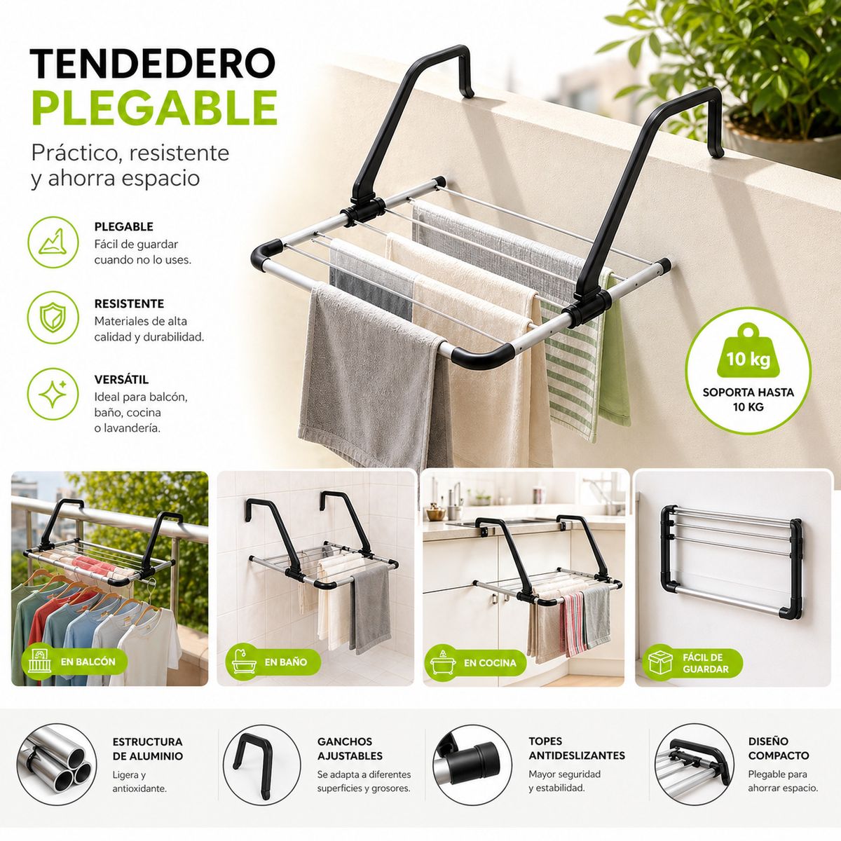 MOVI - TENDEDERO PLEGABLE DE ACERO INOXIDABLE PARA BALCON, VENTANA, RADIADOR