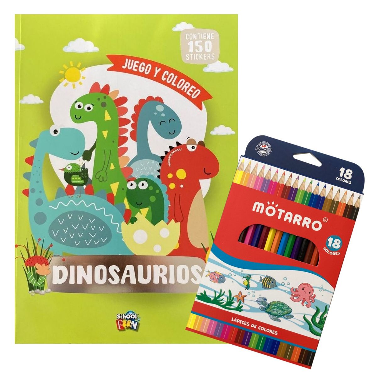 GENERICO - Libro Juego y coloreo dinosaurios con stickers + 18 lápices de colores