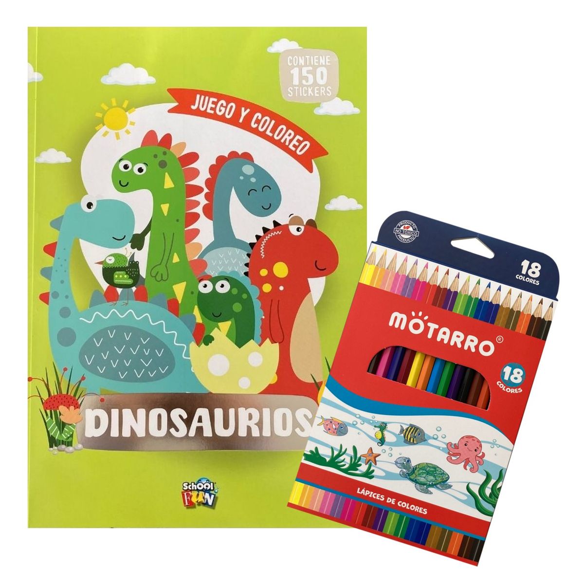 GENERICO - Libro Juego y coloreo dinosaurios con stickers + 18 lápices de colores