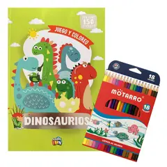 GENERICO - Libro Juego y coloreo dinosaurios con stickers + 18 lápices de colores