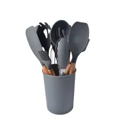 GENERICO - Set de utensilios de cocina de silicona con mangos de madera