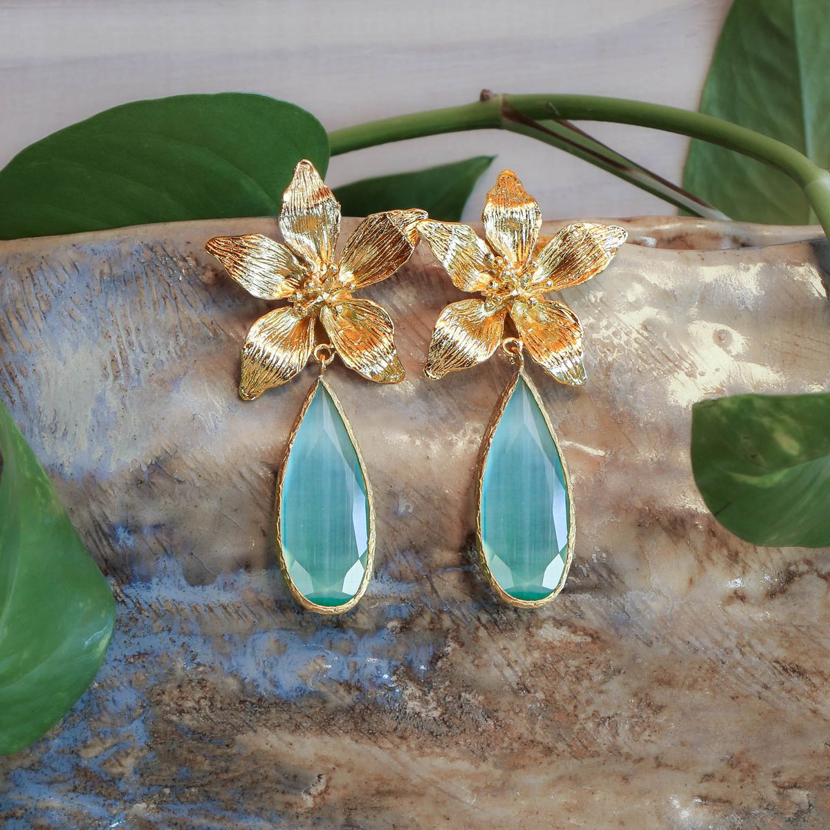 TURKUAZ - Aros Orquídea Verdeagua XL - Baño de oro 22k