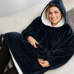 MOVI - Polerón Sherpa Con Capucha Tipo Huggle, Mujer, Talla Única, AZUL. NEGRO, GRIS