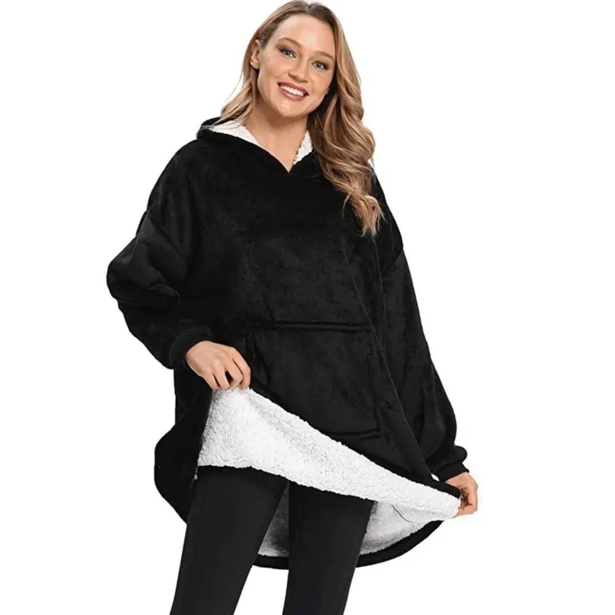 MOVI - Polerón Sherpa Con Capucha Tipo Huggle, Talla Unica, AZUL. NEGRO, GRIS,