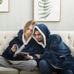 MOVI - Polerón Sherpa Con Capucha Tipo Huggle, Hombre, Talla Unica, AZUL. NEGRO, GRIS