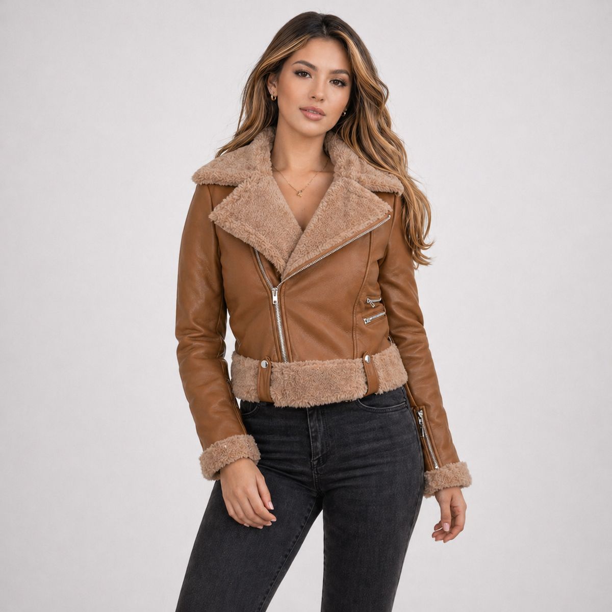 DOBLE V - DOBLE V Chaqueta Ecocuero Mujer Forro Piel Elegant Fit