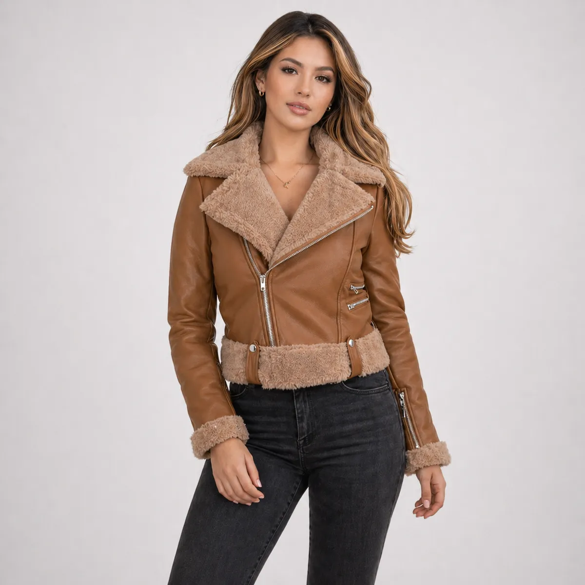 DOBLE V - DOBLE V Chaqueta Ecocuero Mujer Forro Piel Elegant Fit
