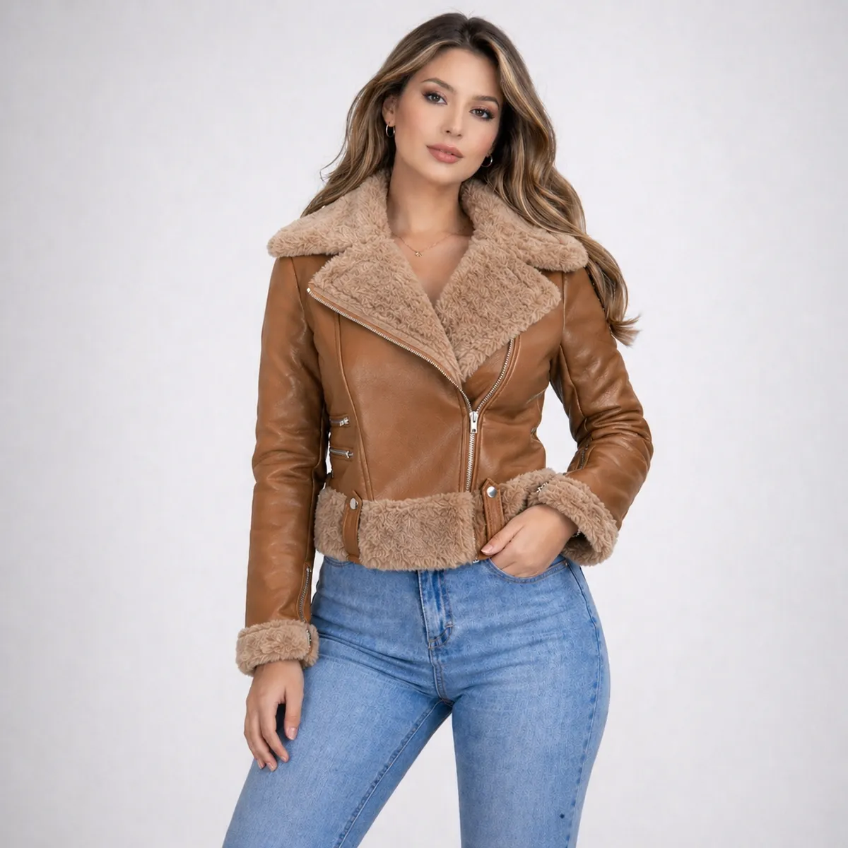 DOBLE V - DOBLE V Chaqueta Ecocuero Mujer Forro Piel Elegant Fit