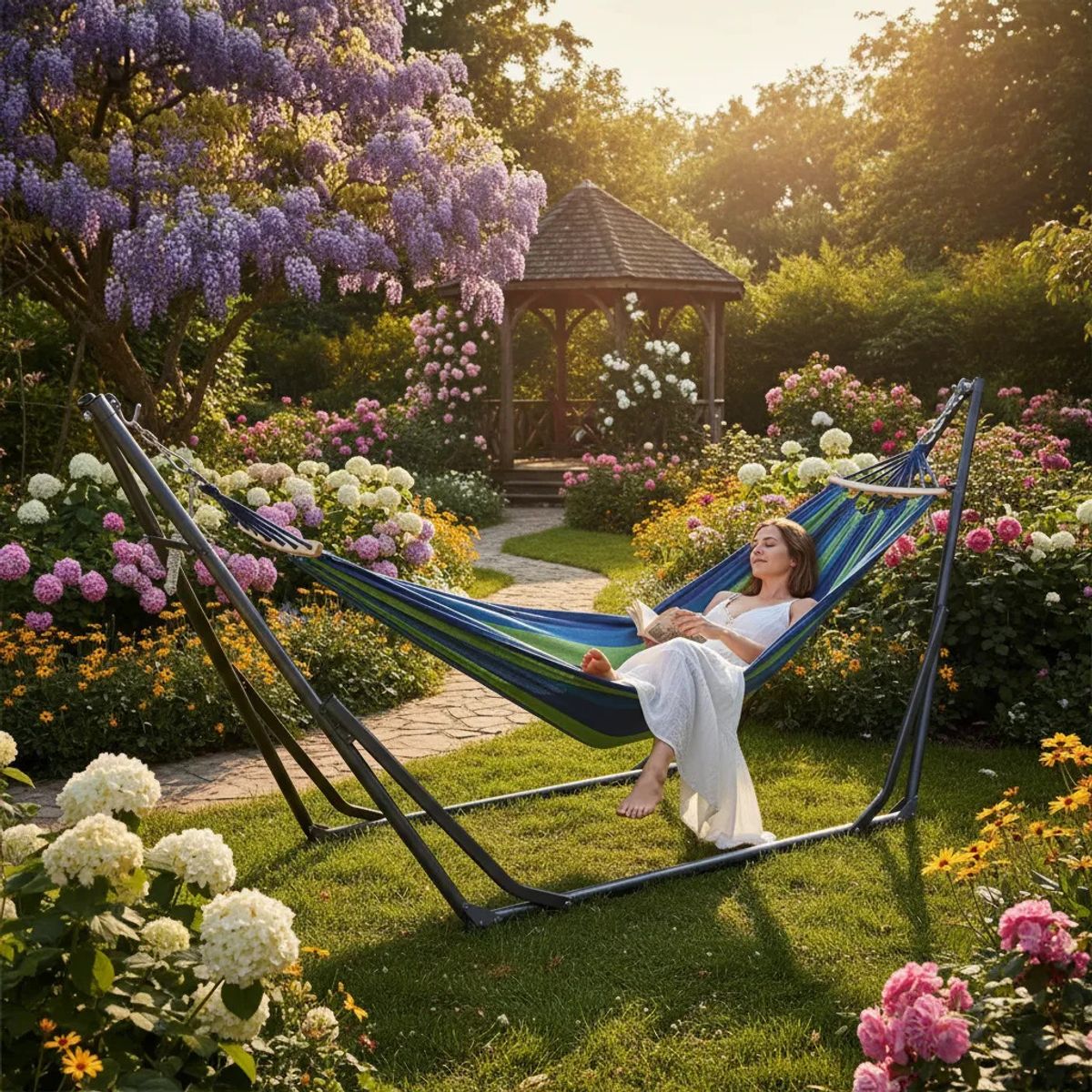 VIDA BUENAS - Hamaca Doble Con Base Soporte De Acero Y Estuche Portatil