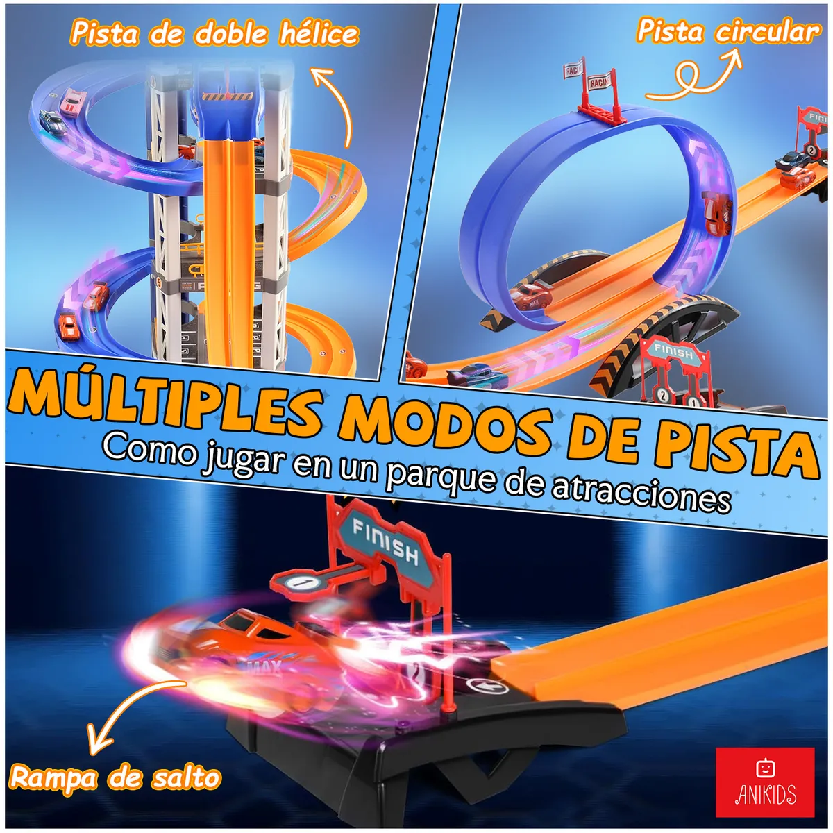 ANIKIDS - Pista Autos Bighouse 5 Niveles Juguete Armable Niños 8 Autos