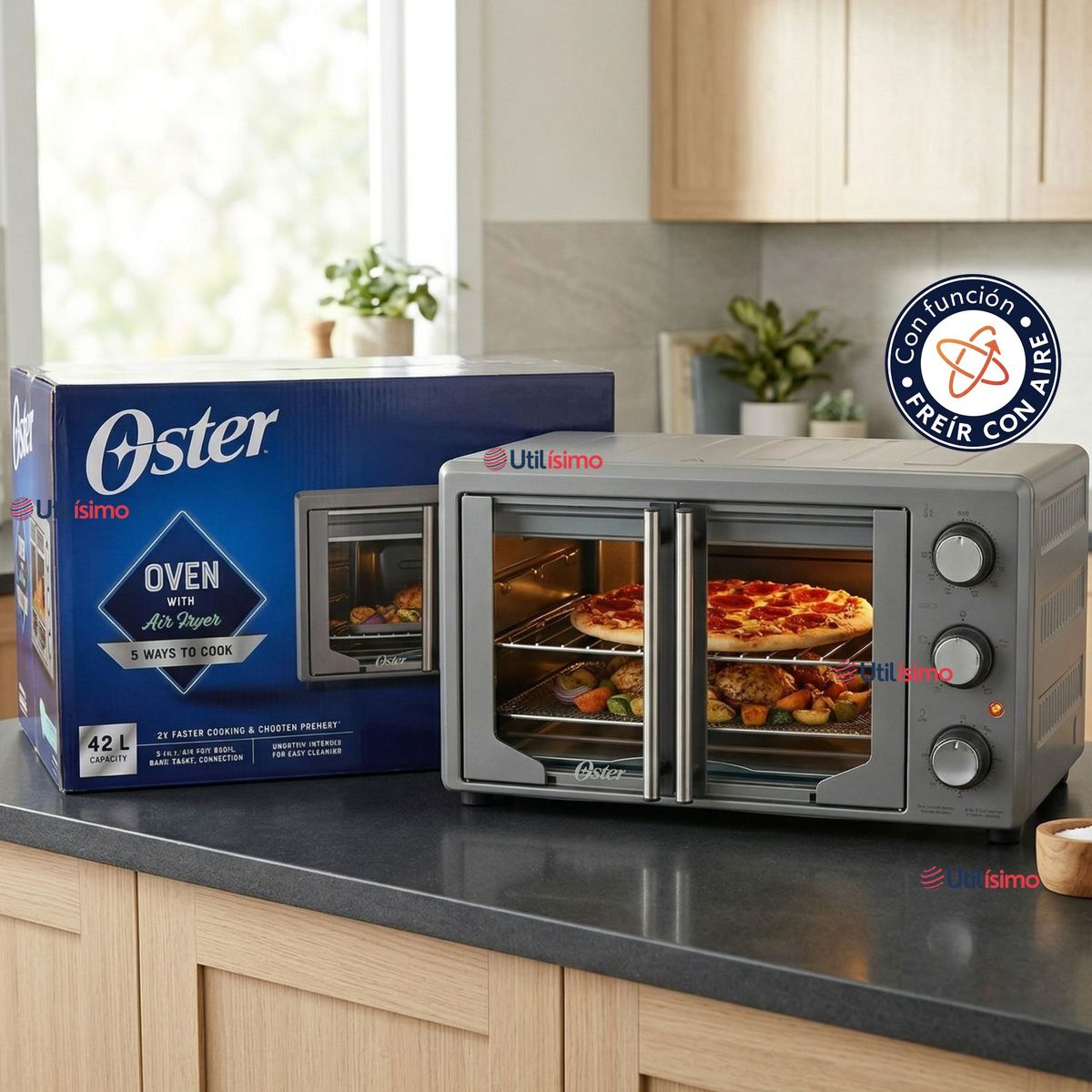OSTER - Horno con freidora de aire Oster® de 42 litros, puertas francesas, TSSTTV42FDMAFNS 1700W