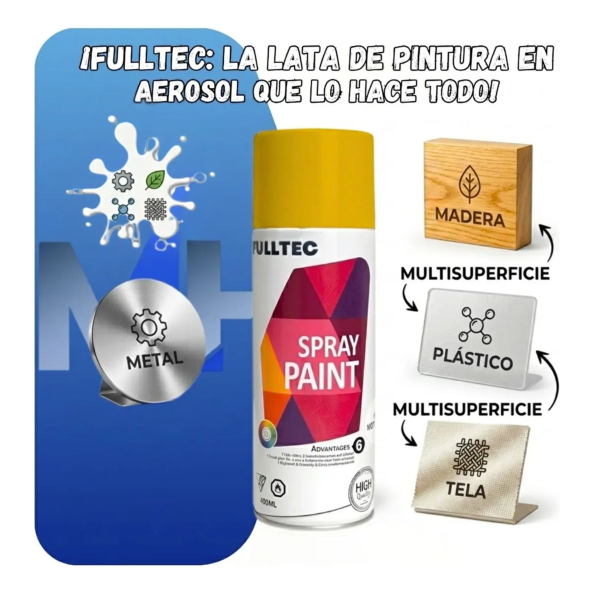 FULLTEC - Pintura Spray Tela Madera Metal Plastico Ploeo Vehicular Amarillo 41