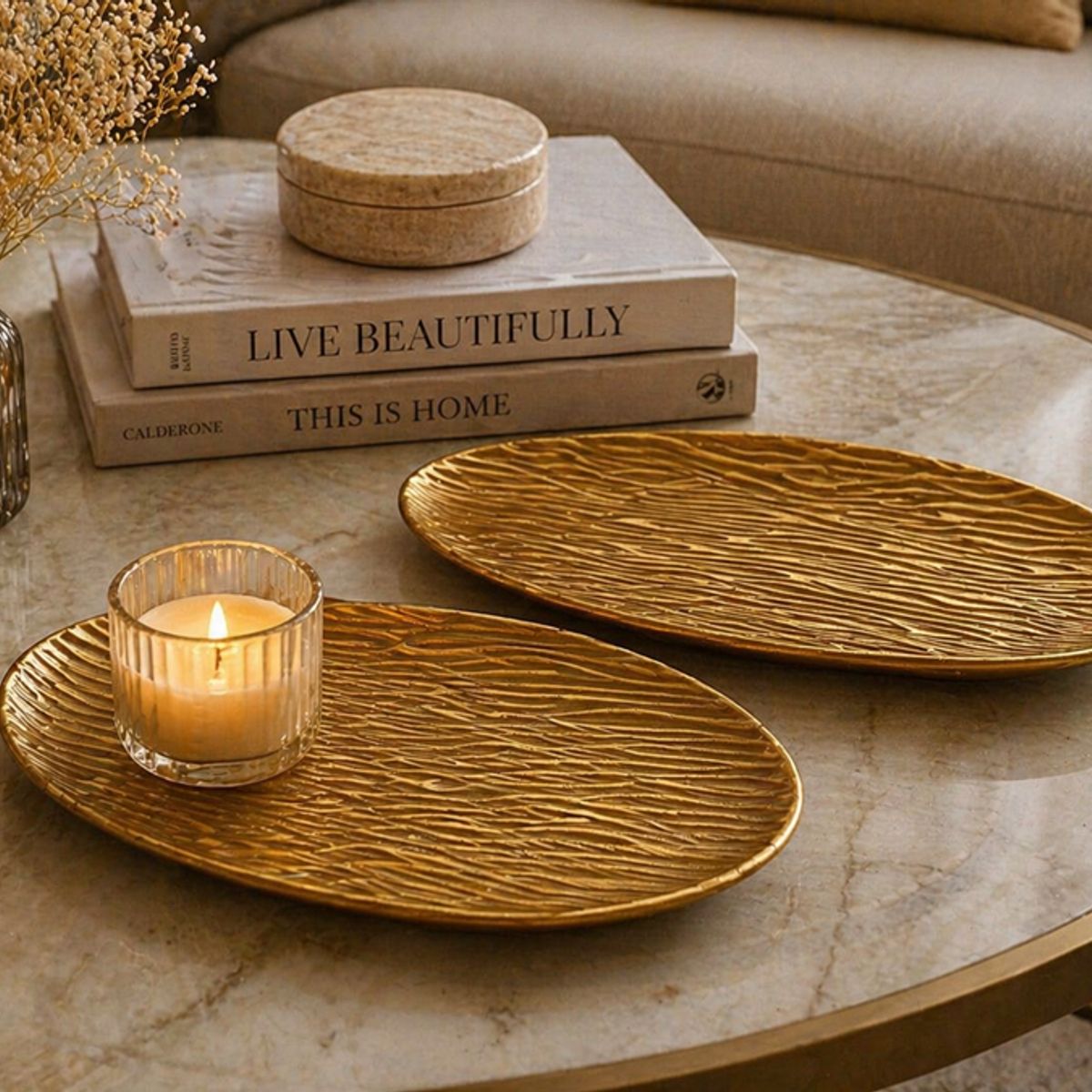 GENERICO - Bandejas Decorativas Ovaladas Doradas Set 2 Piezas – Textura Madera