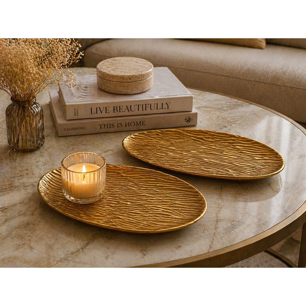 GENERICO - Bandejas Decorativas Ovaladas Doradas Set 2 Piezas – Textura Madera