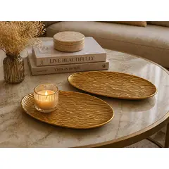 GENERICO - Bandejas Decorativas Ovaladas Doradas Set 2 Piezas – Textura Madera