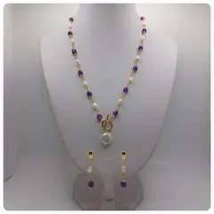 CAT JOYAS - Conjunto collar aros de amatista con perlas de rio.