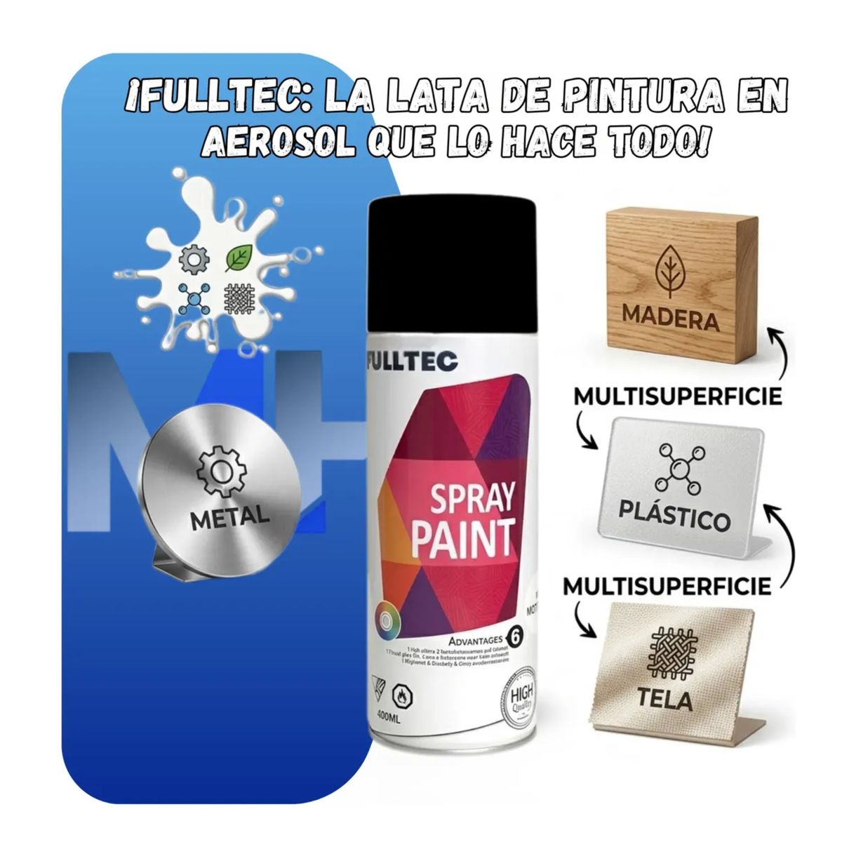 FULLTEC - Pintura Spray Tela Madera Metal Plastico Ploeo Vehicular Negro