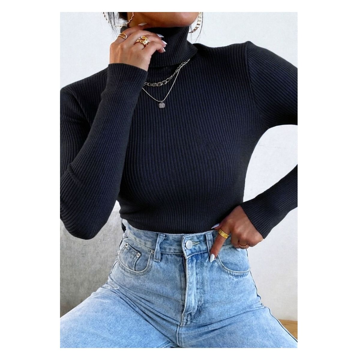 LOOK SHOP - Sweater Beatle Lana Mujer Cuello Alto Doble Otoño Invierno T50