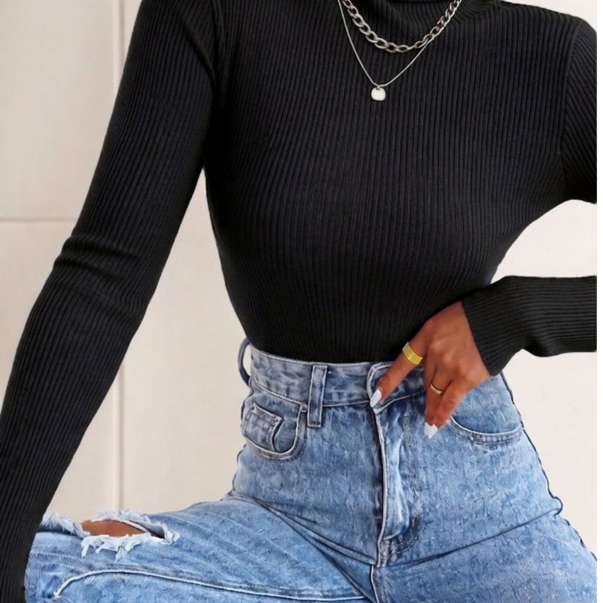 LOOK SHOP - Sweater Beatle Lana Mujer Cuello Alto Doble Otoño Invierno T50