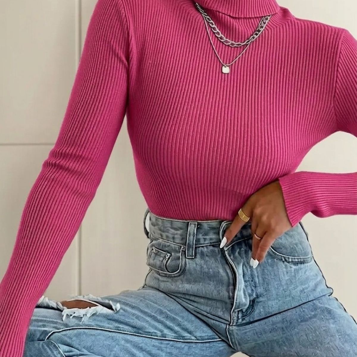LOOK SHOP - Sweater Beatle Lana Mujer Cuello Alto Doble Otoño Invierno T50