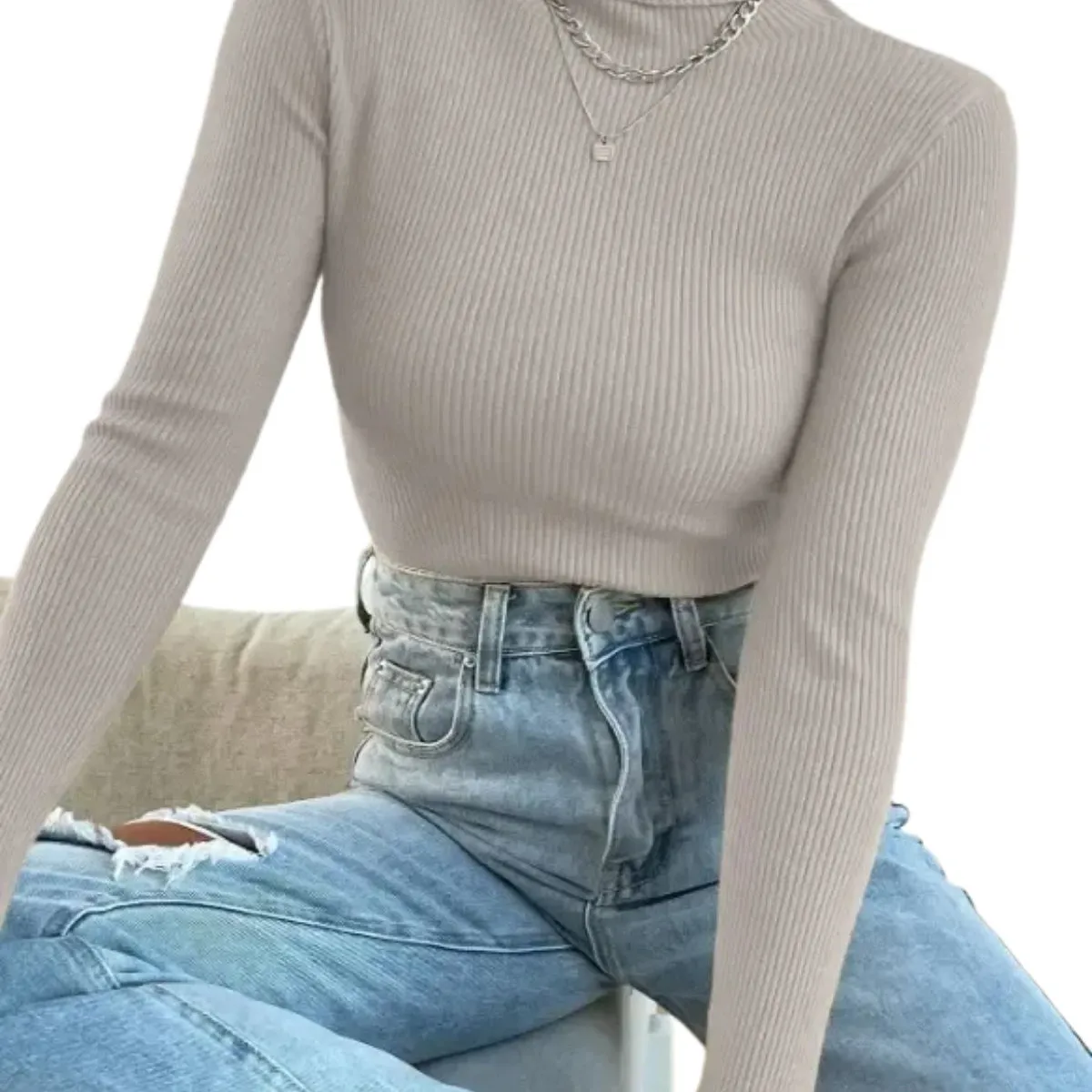 LOOK SHOP - Sweater Beatle Lana Mujer Cuello Alto Doble Otoño Invierno T50