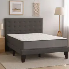 GENERICO - Cama Europea 2 Plazas Base Dividida + Respaldo Abotonado Gris+ COLCHON