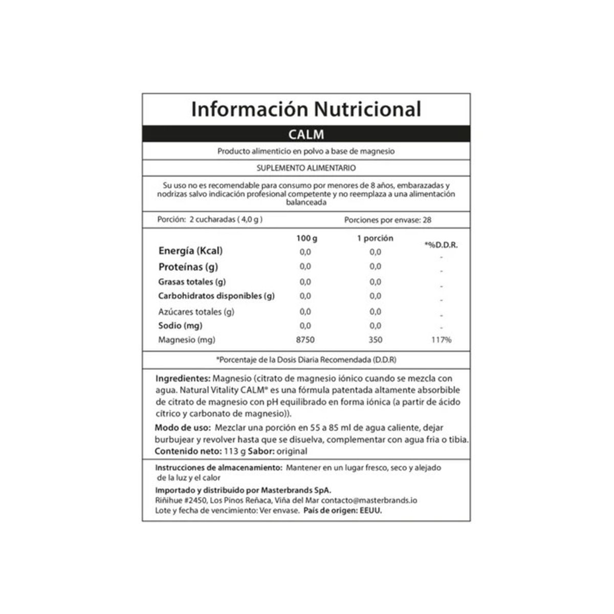 GENERICO - MAGNESIO CITRATO CALM EN POLVO SIN SABOR 113GR - NATURAL VITALITY