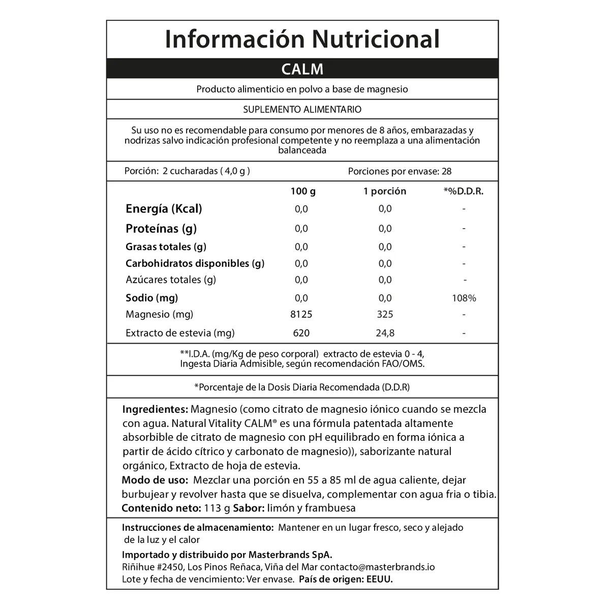 GENERICO - MAGNESIO CITRATO CALM EN POLVO RASPBERRY LEMON 113GR - NATURAL VITALITY