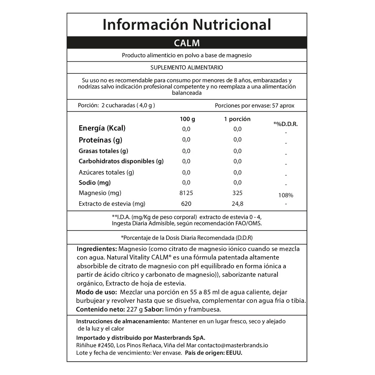 GENERICO - MAGNESIO CITRATO CALM EN POLVO RASPBERRY LEMON 227GR - NATURAL VITALITY