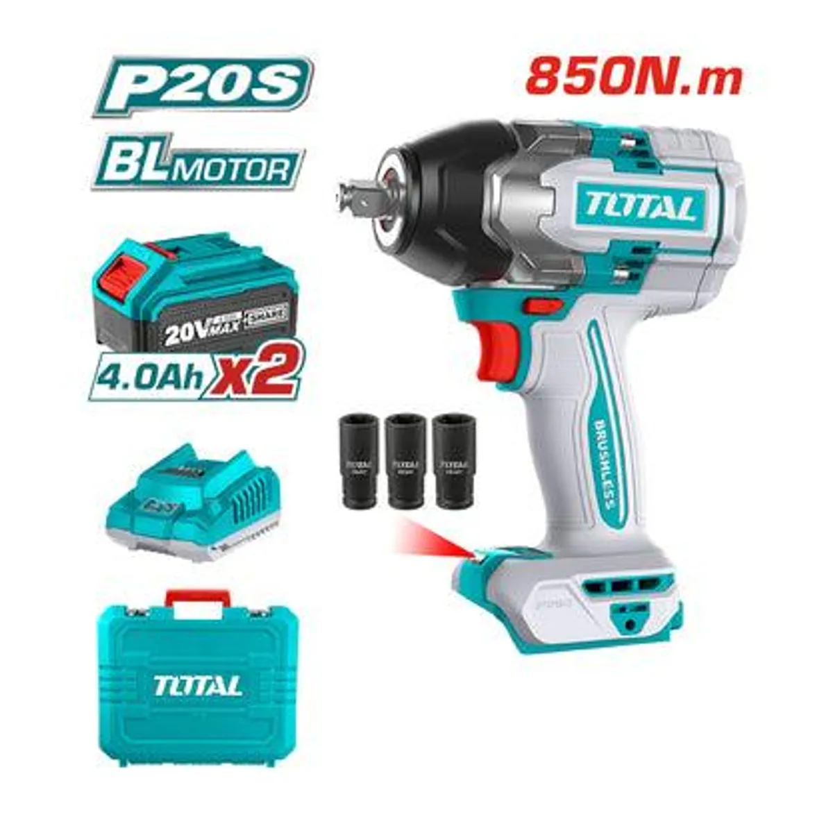 TOTAL TOOLS - Llave Impacto Total 20V 12 Pulgada 850Nm 2 Baterías 4Ah