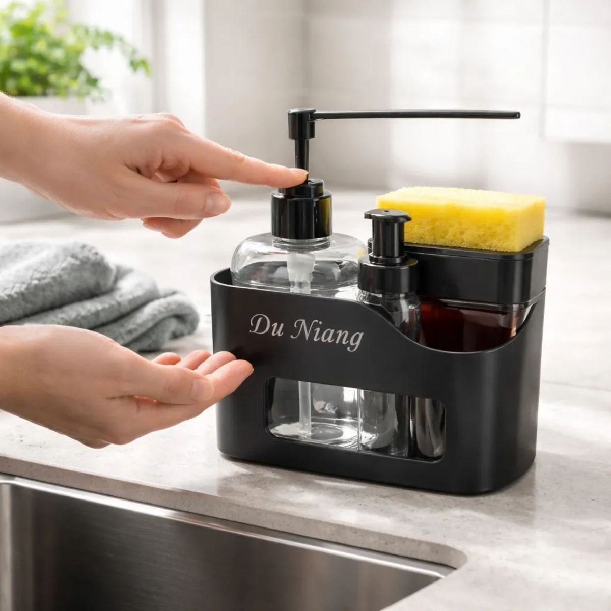 GENERICO - Set Dispensador Jabón Doble Con Soporte Negro