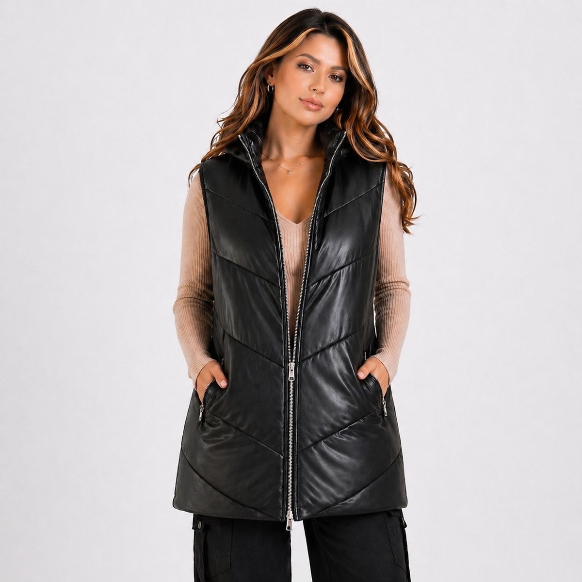 DOBLE V - Chaqueta Sin Mangas Puffer Larga Ecocuero Premium