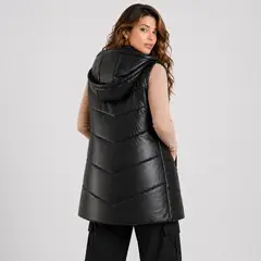 DOBLE V - Chaqueta Sin Mangas Puffer Larga Ecocuero Premium