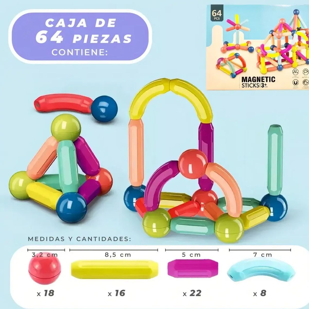 GENERICO - Bloques Magneticos Magnetic Stick 64 Piezas Construcción