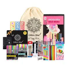 CELEBRA IDEAS - Set kit Arte Dibujo en Hojas Negras XL colores Pastel Flúor metal