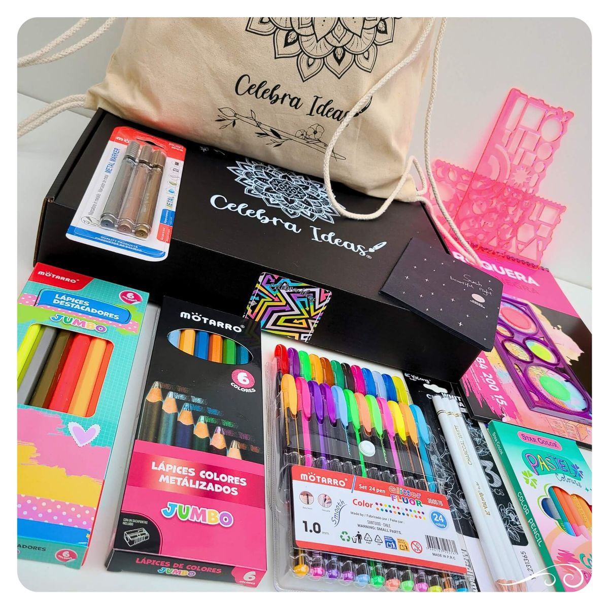 CELEBRA IDEAS - Set kit Arte Dibujo en Hojas Negras XL colores Pastel Flúor metal