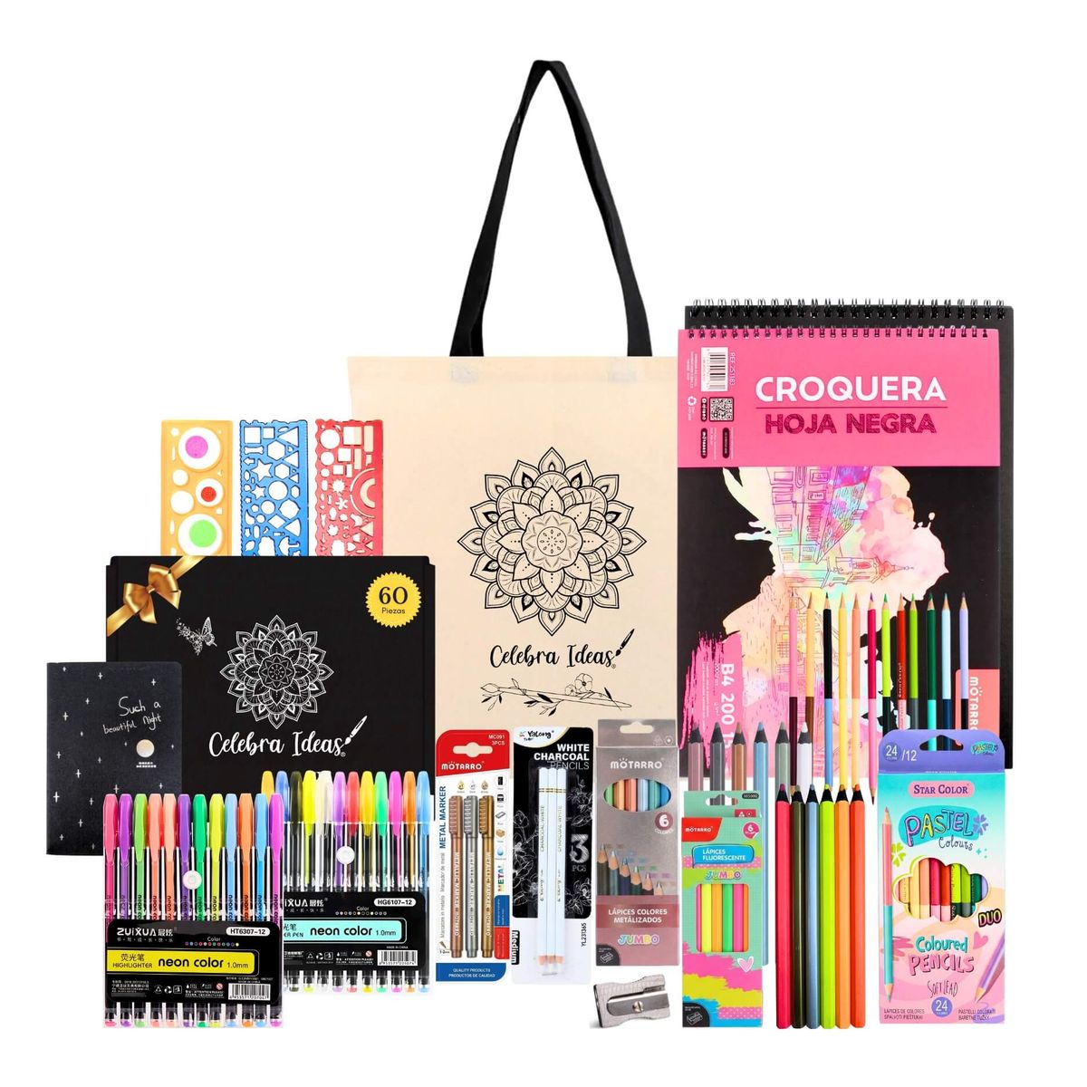 CELEBRA IDEAS - Set kit Arte Dibujo en Hojas Negras XL con accesorios y lápices Pastel Flúor metal