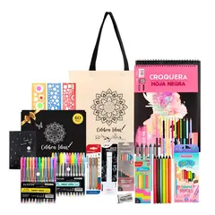 CELEBRA IDEAS - Set kit Arte Dibujo en Hojas Negras XL con accesorios y lápices Pastel Flúor metal