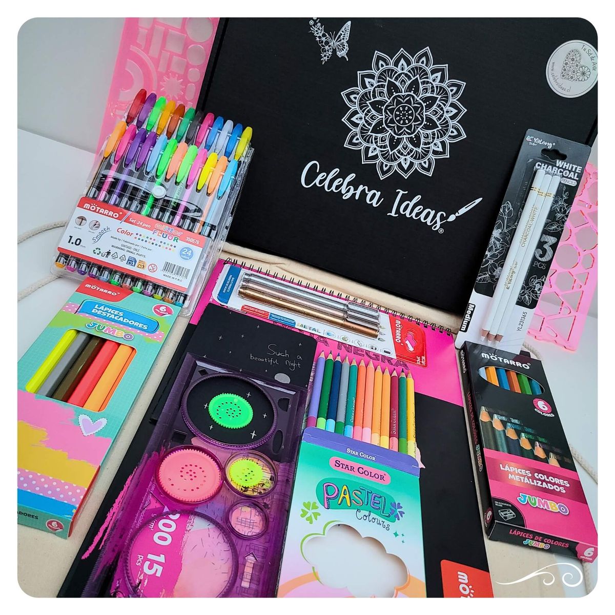 CELEBRA IDEAS - Set kit Arte Dibujo en Hojas Negras XL con accesorios y lápices Pastel Flúor metal