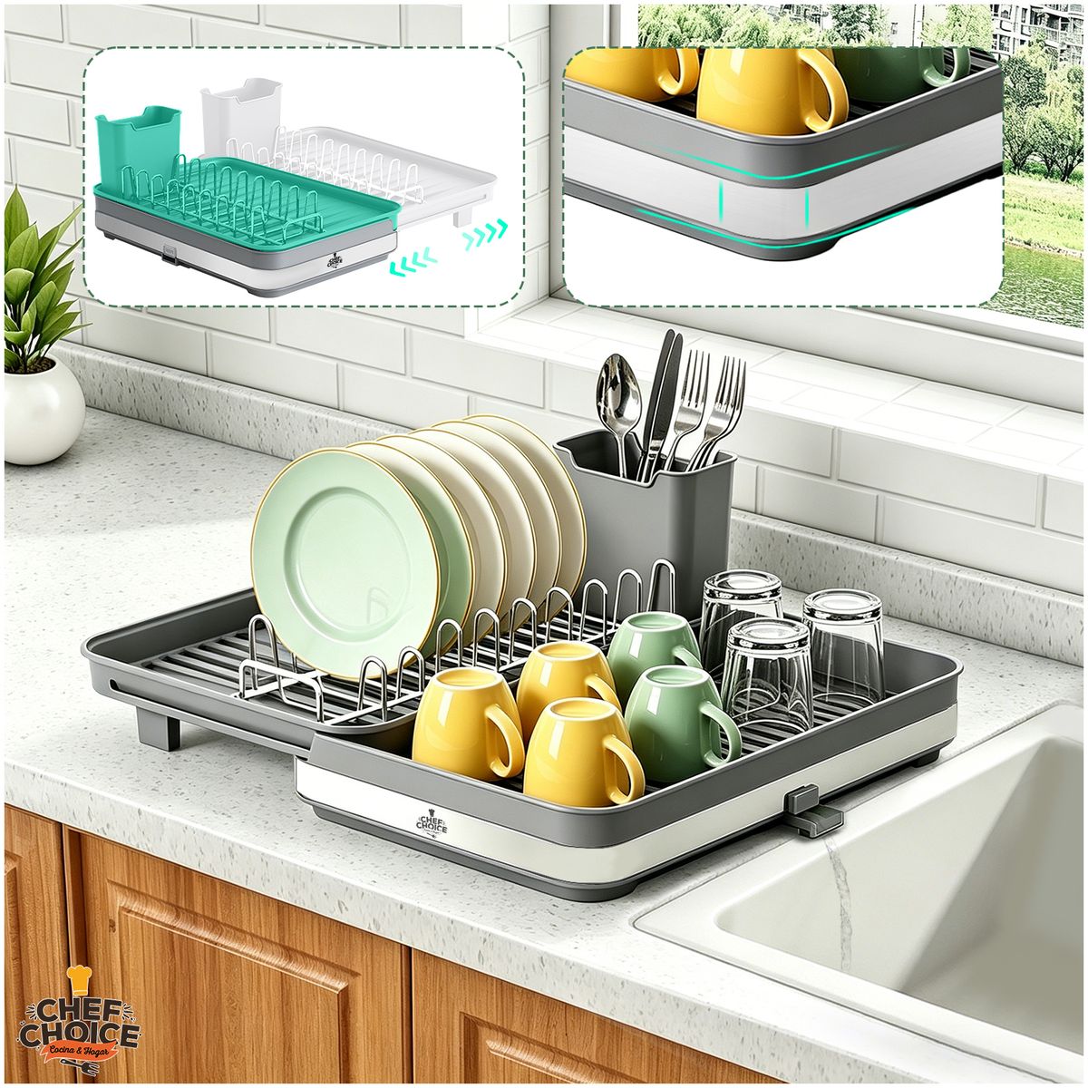 CHEFCHOICE - Secaplatos Acero Inoxidable Escurridor Secador Loza Extendible 51x36cm