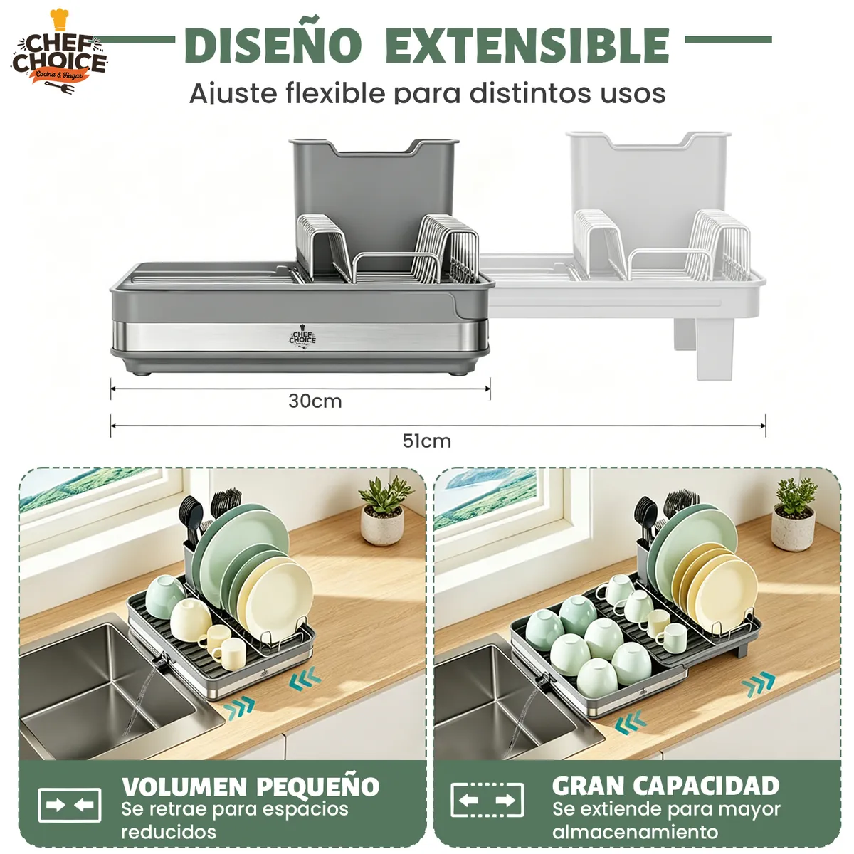 CHEFCHOICE - Secaplatos Acero Inoxidable Escurridor Secador Loza Extendible 51x36cm