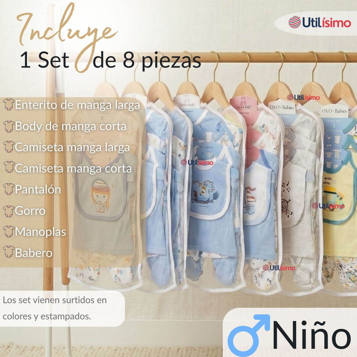 JUMP KIDS - Set Ajuar Bebé 8 Piezas Surtido NIÑO 100% Algodón