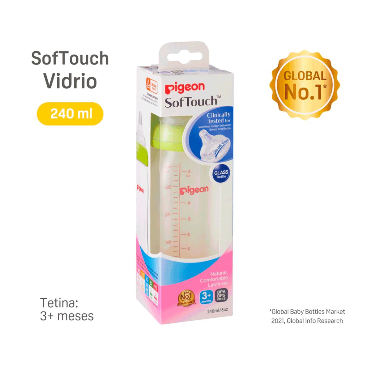 PIGEON - Mamadera Biberón Anti-cólicos Softouch Vidrio 240 Ml Pigeon