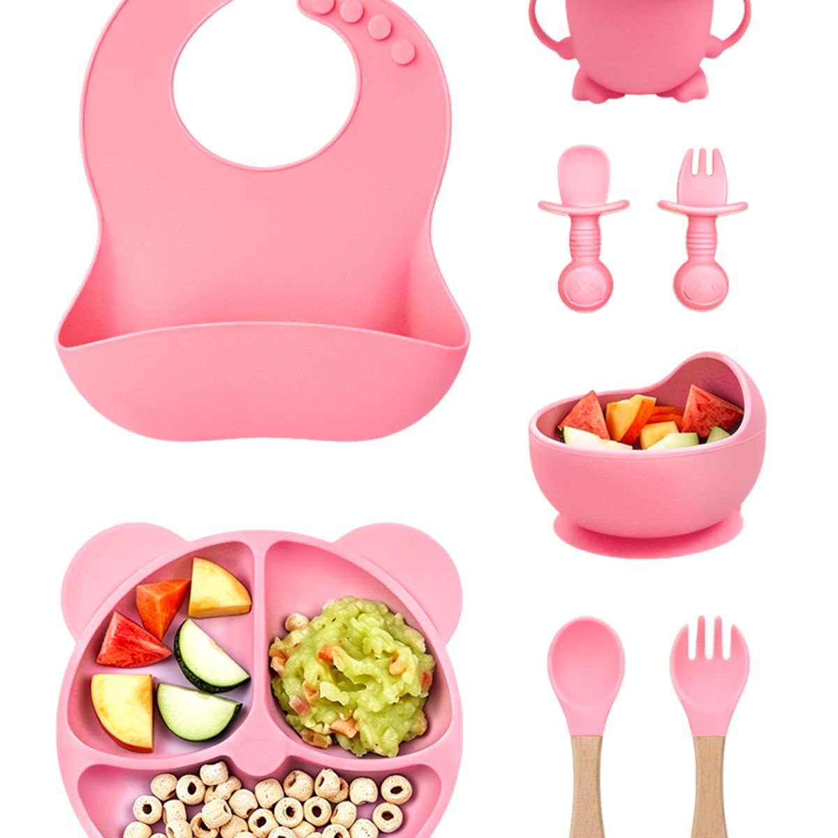 GENERICO - Set Alimentacion Bebe 8 Piezas Vajilla Silicona Libre Bpa Ventosa Antideslizante Rosa Intenso